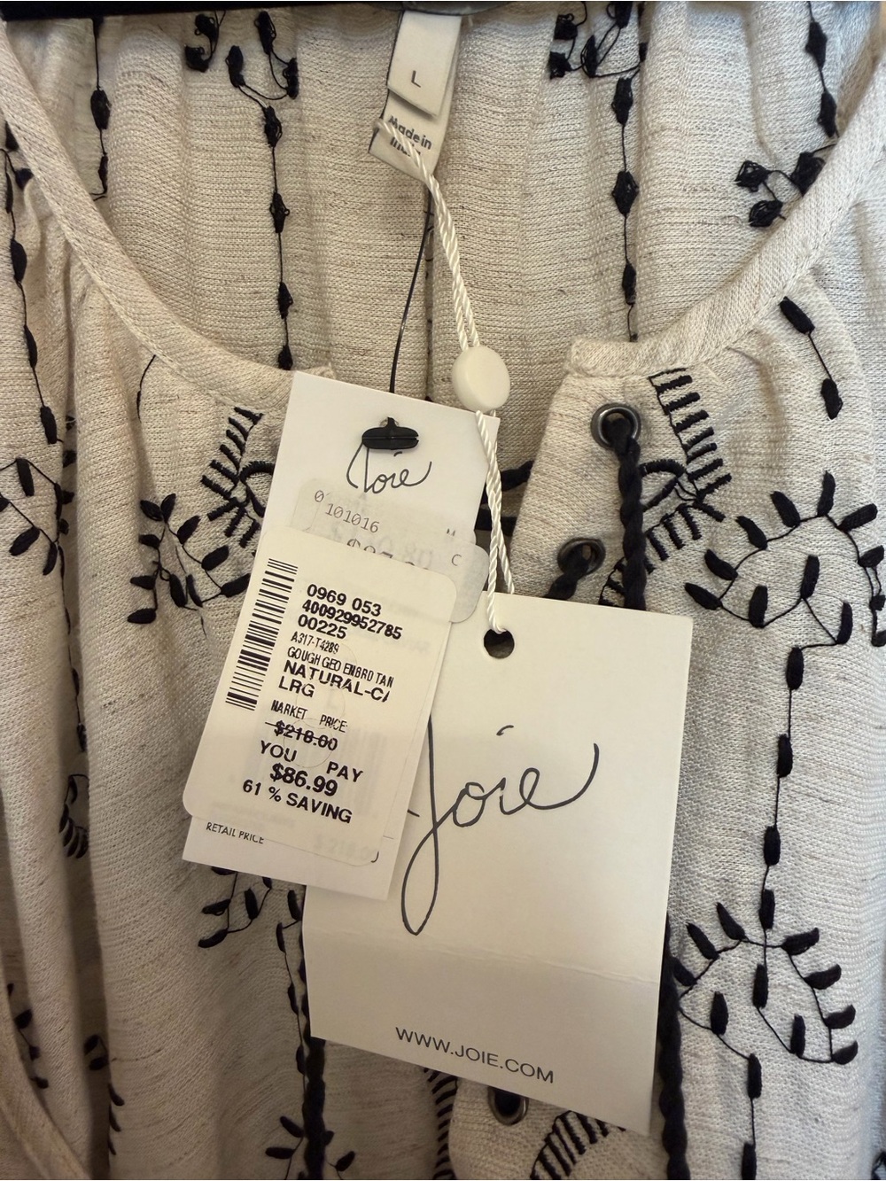 Joie Cream Embroidered V-Neck Blouse with Black Stitching